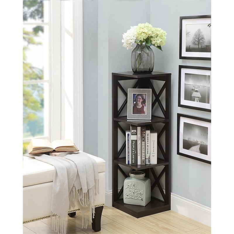 Pemberly Row Three-Tier Corner Bookcase in Espresso Wood Finish