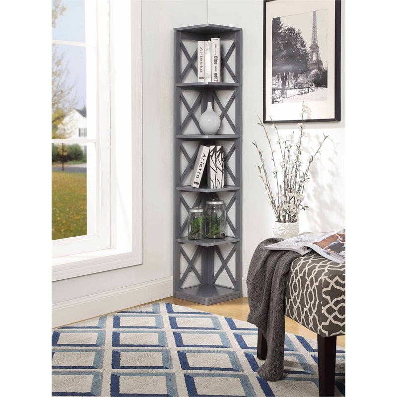 Pemberly Row Five-Tier Transitional Wood Corner Bookcase in Gray