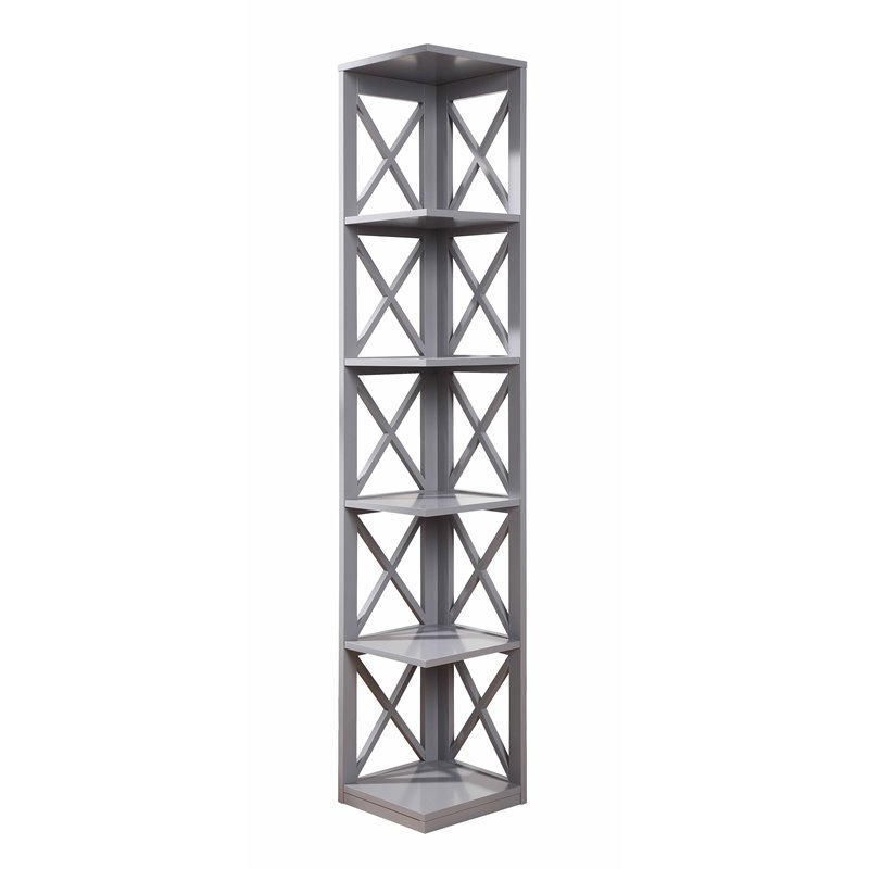 Pemberly Row Five-Tier Transitional Wood Corner Bookcase in Gray
