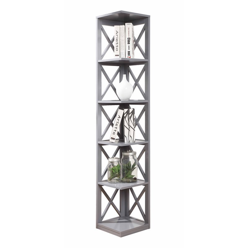 Pemberly Row Five-Tier Transitional Wood Corner Bookcase in Gray