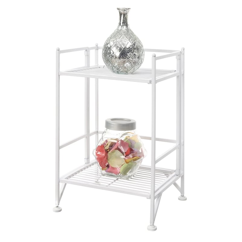 Pemberly Row Two-Tier Folding Shelf in White Metal Finish