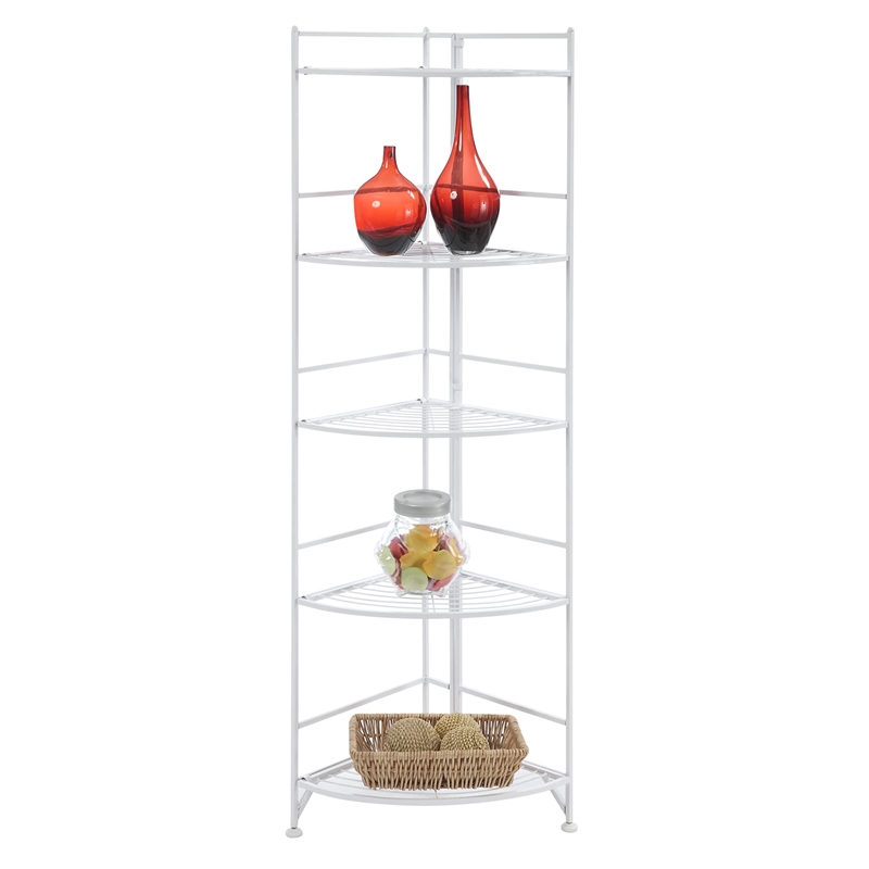 Pemberly Row Five-Tier Folding Corner Shelf in White Metal