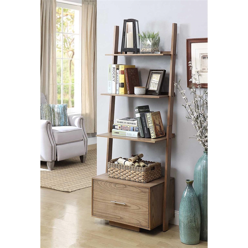 Pemberly Row Ladder Bookshelf Bookcase Drawer in Caramel Driftwood Wood Finish