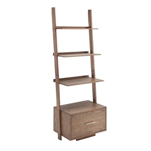Pemberly Row Ladder Bookshelf Bookcase Drawer in Caramel Driftwood Wood Finish