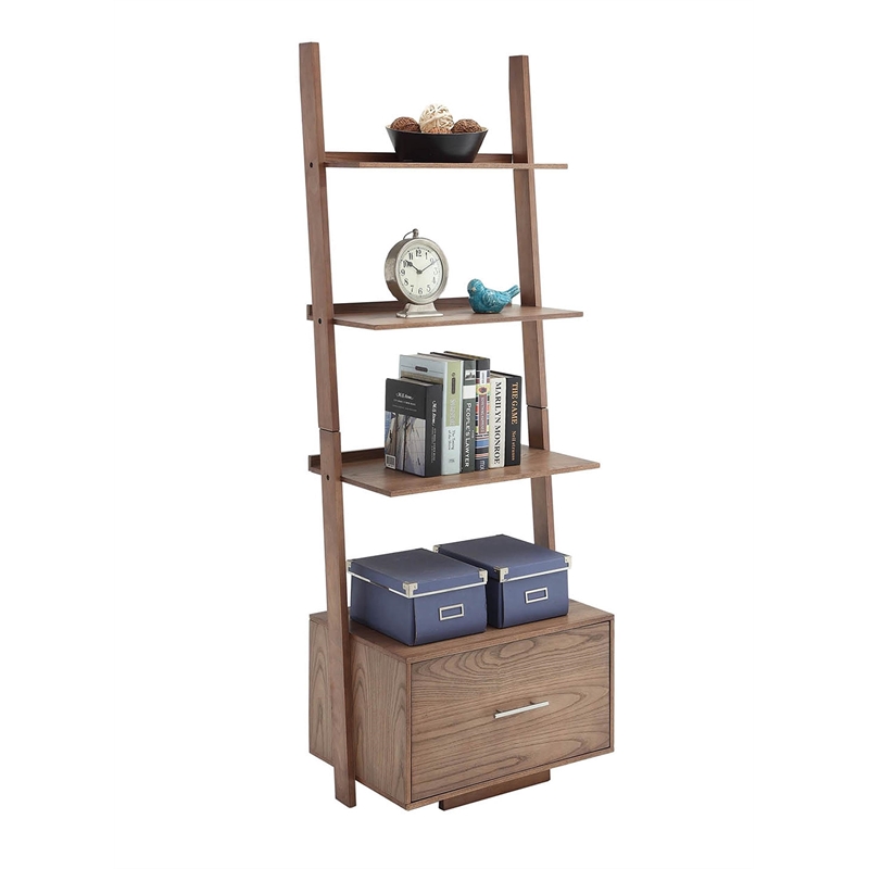 Pemberly Row Ladder Bookshelf Bookcase Drawer in Caramel Driftwood Wood Finish