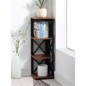 Pemberly Row Three-Tier Corner Bookcase in Cherry and Black Wood