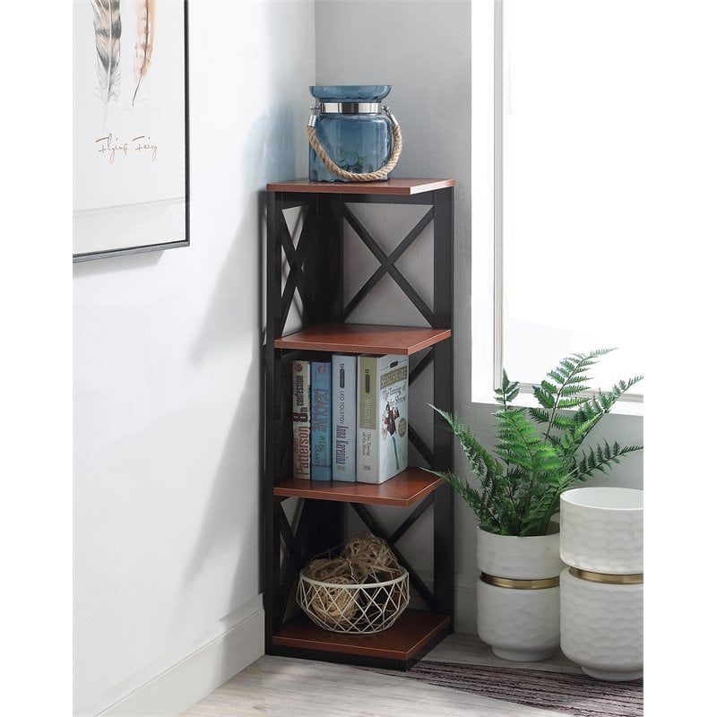 Pemberly Row Three-Tier Corner Bookcase in Cherry and Black Wood