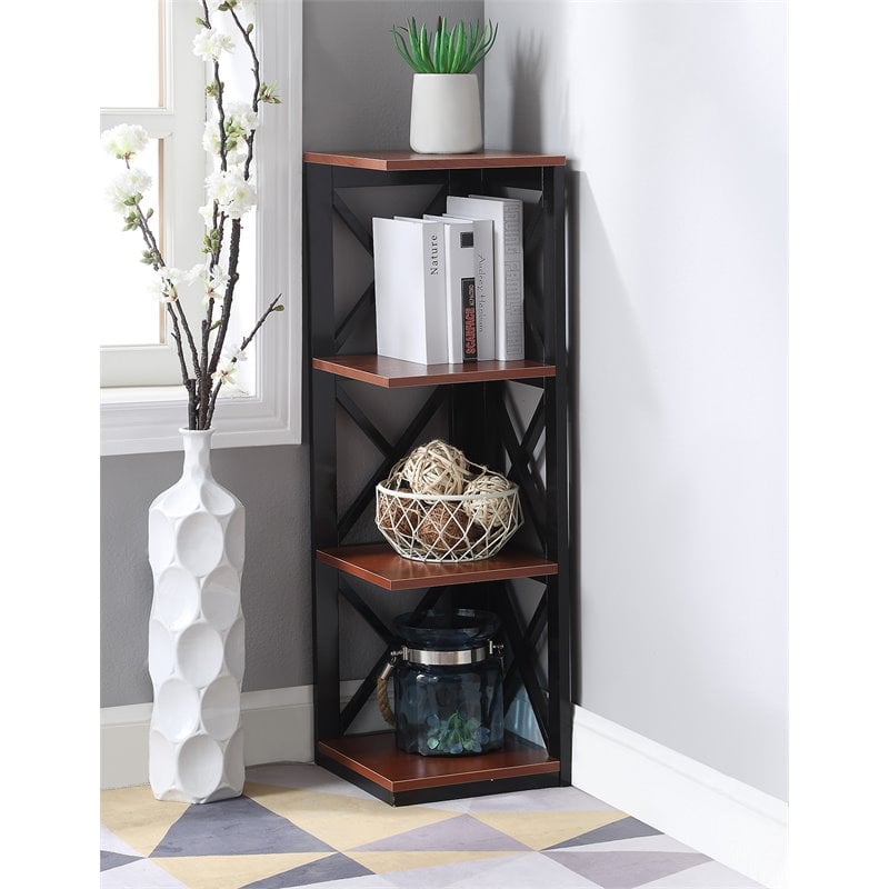Pemberly Row Three-Tier Corner Bookcase in Cherry and Black Wood