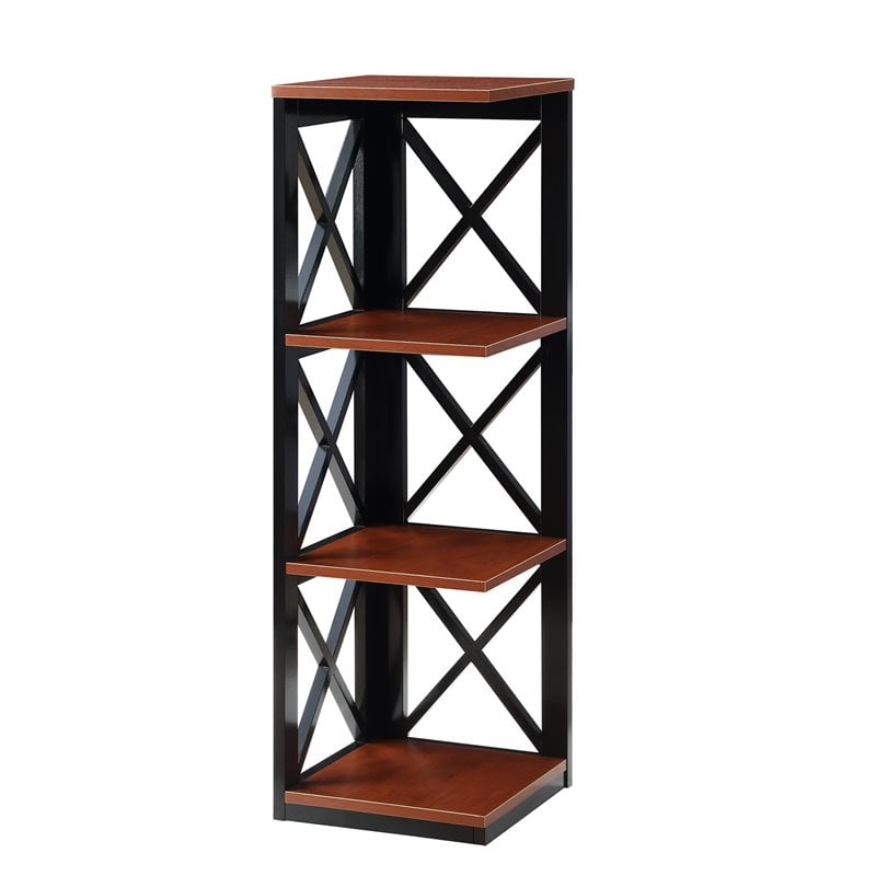Pemberly Row Three-Tier Corner Bookcase in Cherry and Black Wood