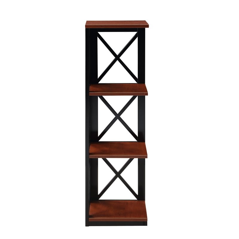 Pemberly Row Three-Tier Corner Bookcase in Cherry and Black Wood