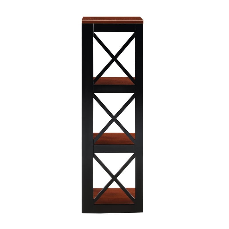 Pemberly Row Three-Tier Corner Bookcase in Cherry and Black Wood