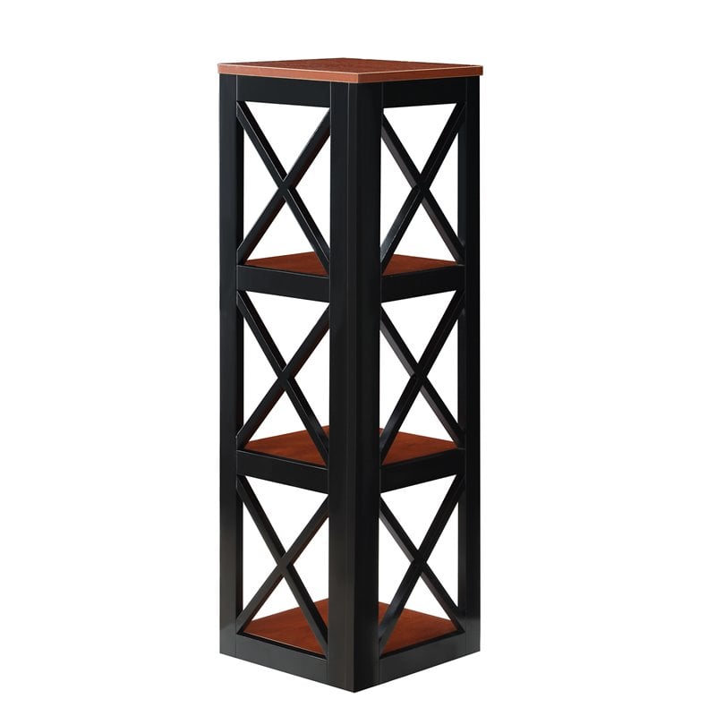 Pemberly Row Three-Tier Corner Bookcase in Cherry and Black Wood