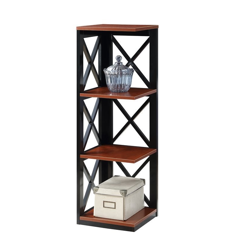 Pemberly Row Three-Tier Corner Bookcase in Cherry and Black Wood