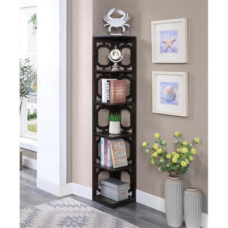 Pemberly Row Five-Tier Modern Wood Corner Bookcase in Espresso