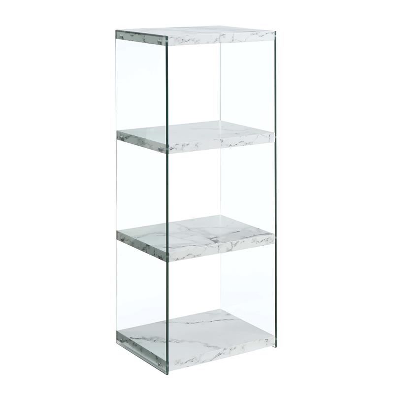 Pemberly Row Four-Tier Bookcase in White Fuax Marble Wood and Clear Glass