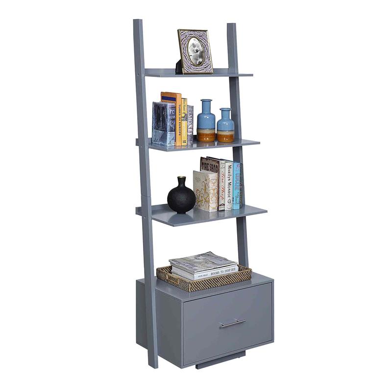 Pemberly Row Ladder Bookcase with File Drawer in Gray Wood Finish