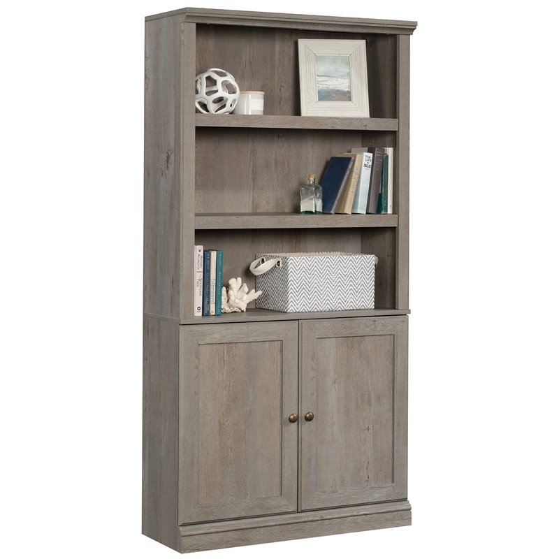 Pemberly Row 3-Shelf 2-Door Tall Wood Bookcase in Mystic Oak