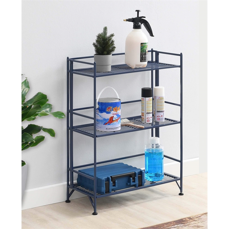 Pemberly Row Three-Tier Wide Folding Shelf in Blue Metal