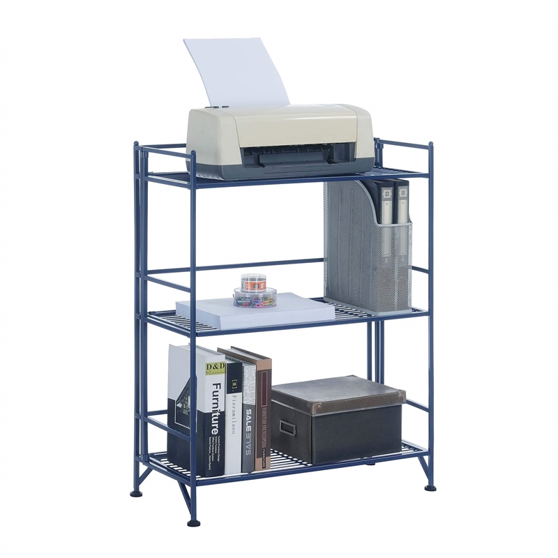 Pemberly Row Three-Tier Wide Folding Shelf in Blue Metal