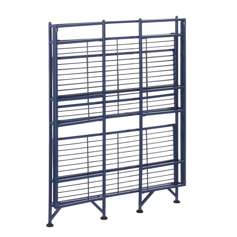 Pemberly Row Three-Tier Wide Folding Shelf in Blue Metal