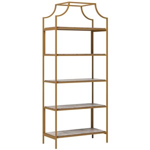 pemberly row 5-shelf metal frame bookcase gold satin/faux deco stone