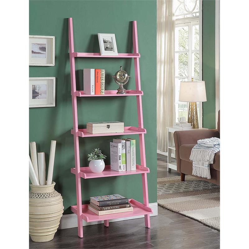 Pemberly Row Bookshelf Ladder with Five Tiers in Bright Pink Wood Finish