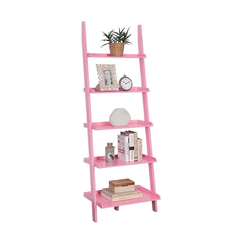 Pemberly Row Bookshelf Ladder with Five Tiers in Bright Pink Wood Finish