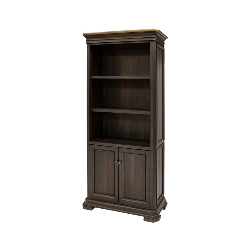 Pemberly Row Executive Bookcase With Wood Doors Mildly Distressed in Brown
