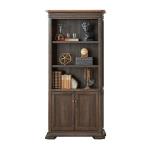 pemberly row executive bookcase with wood doors mildly distressed in brown