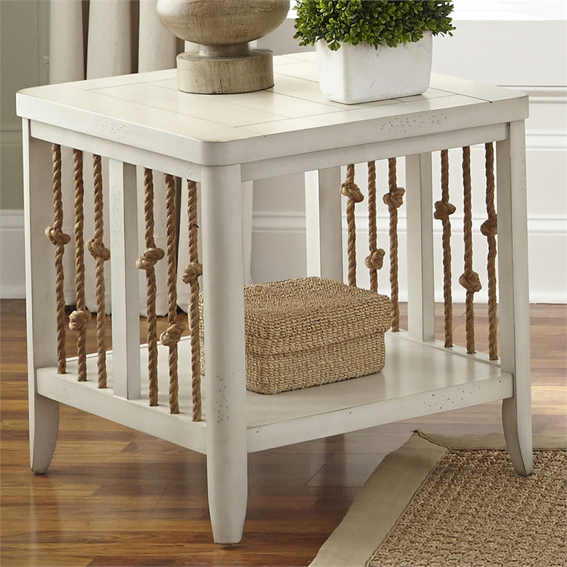 Pemberly Row Coastal Wood End Table with Bottom Shelf in White