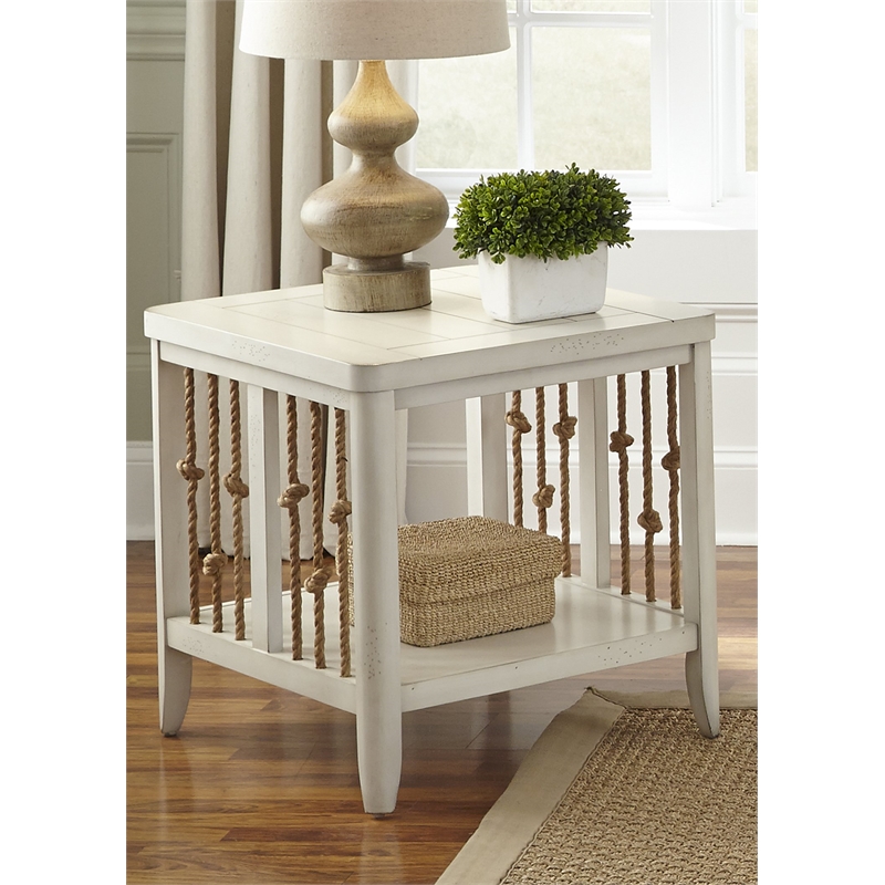 Pemberly Row Coastal Wood End Table with Bottom Shelf in White