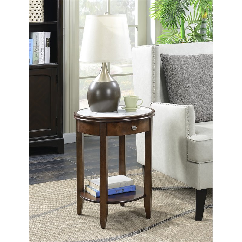 Pemberly Row Traditional Wood End Table with Faux Marble Top in Espresso