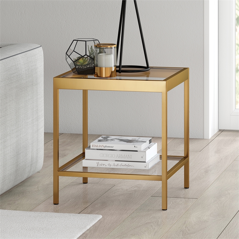 Pemberly Row Modern Metal/Tempered Glass Side Table Finish in Golden Brass