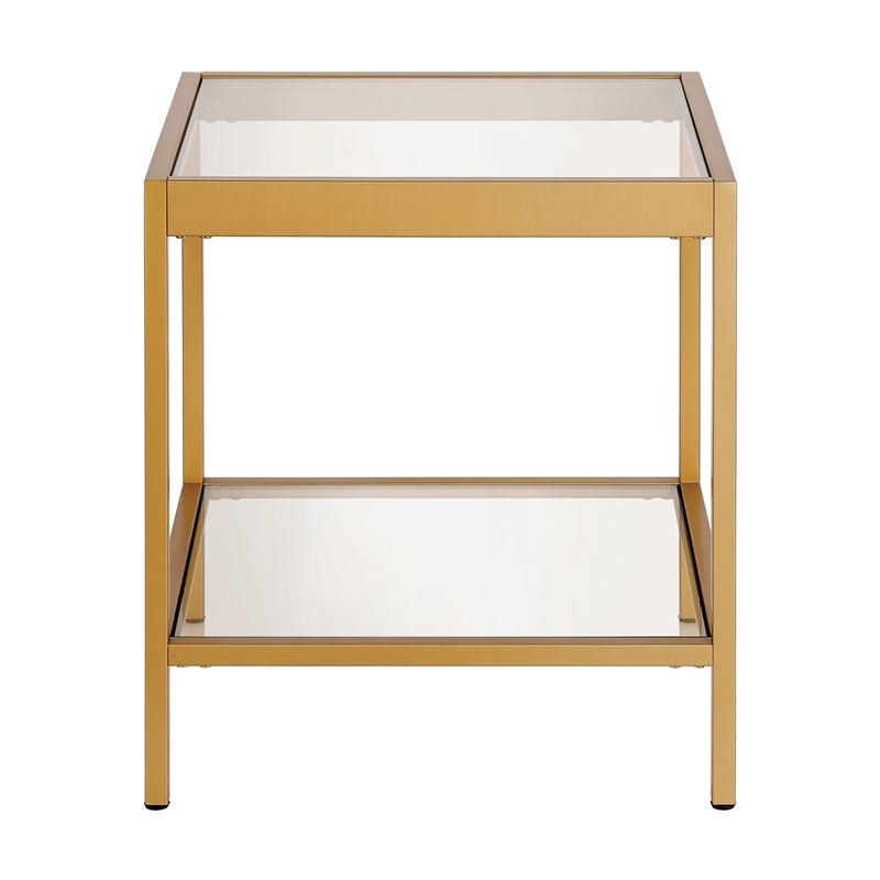 Pemberly Row Modern Metal/Tempered Glass Side Table Finish in Golden Brass