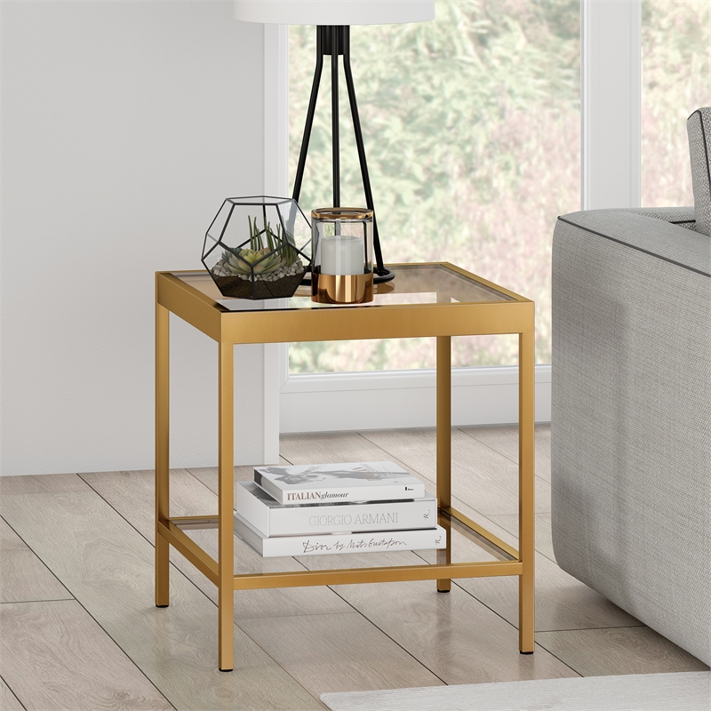 Pemberly Row Modern Metal/Tempered Glass Side Table Finish in Golden Brass
