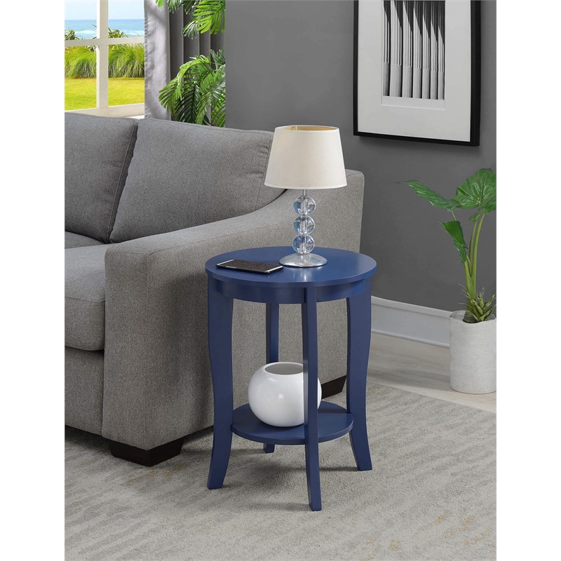 Pemberly Row Round Transitional Wood End Table with Bottom Shelf in Blue
