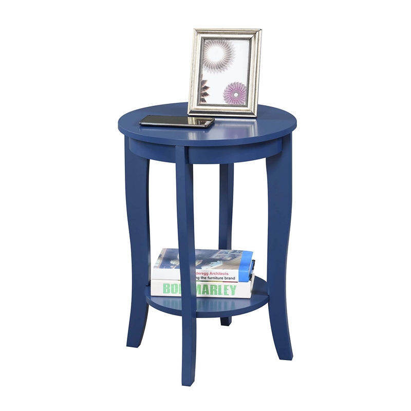 Pemberly Row Round Transitional Wood End Table with Bottom Shelf in Blue