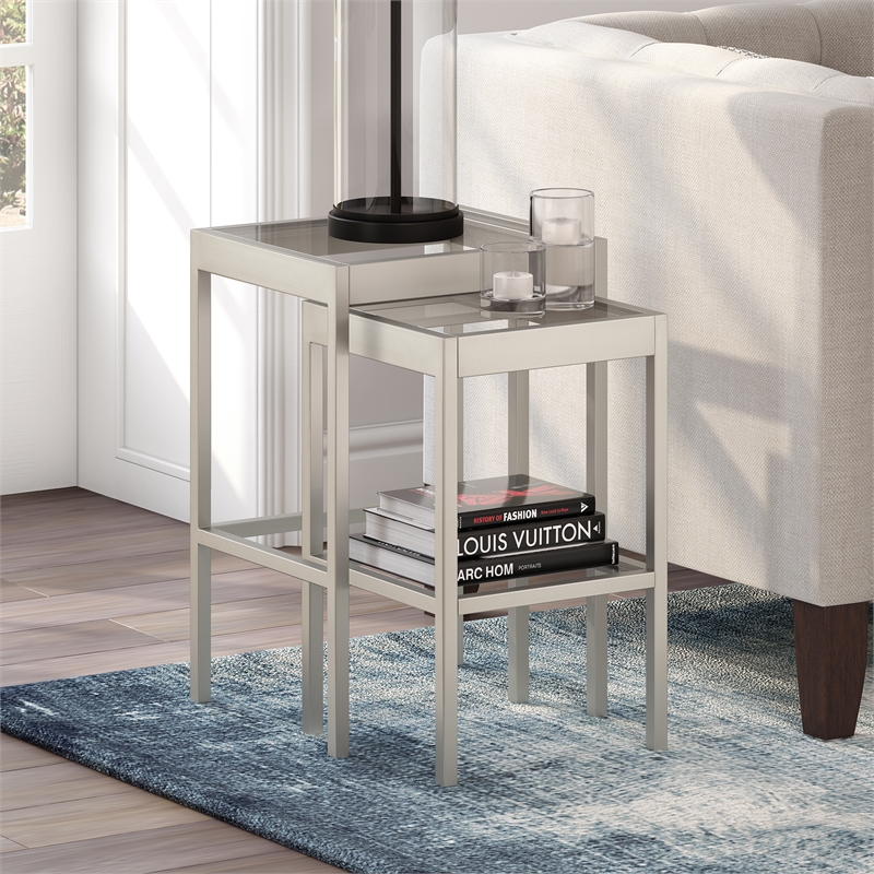 Pemberly Row Modern Satin Nickel and Gray  Nested Side Tables
