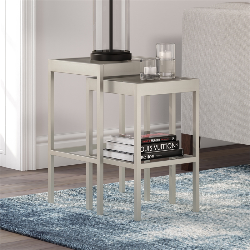 Pemberly Row Modern Satin Nickel and Gray  Nested Side Tables