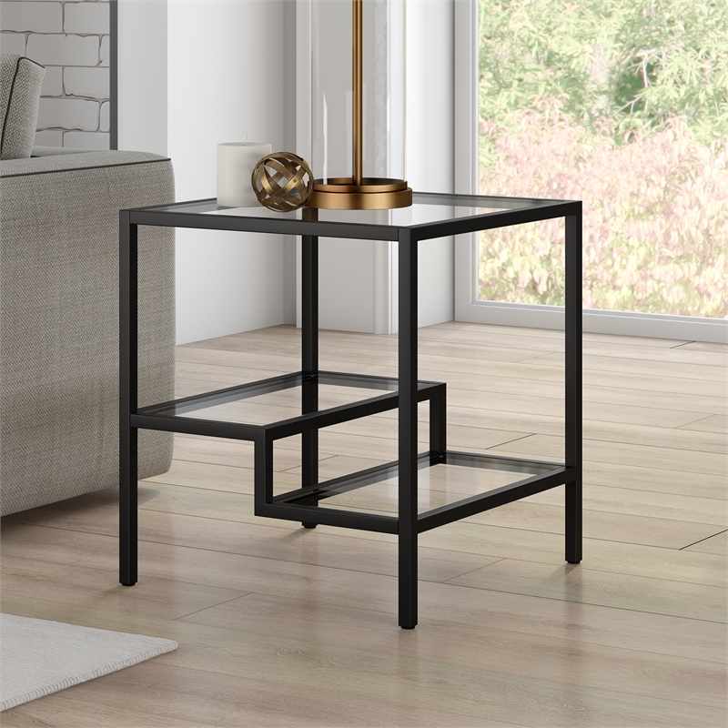 Pemberly Row Two-Tier Modern Metal Side Table with Glass Top in Black