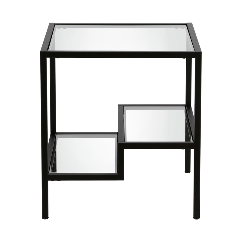 Pemberly Row Two-Tier Modern Metal Side Table with Glass Top in Black