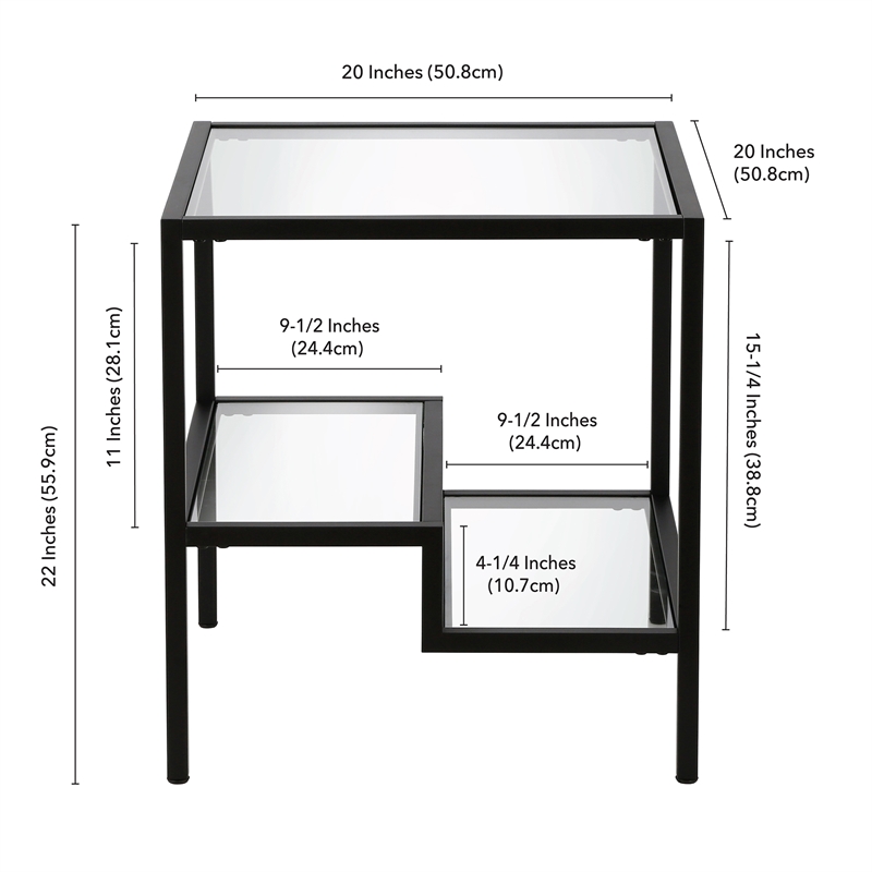 Pemberly Row Two-Tier Modern Metal Side Table with Glass Top in Black