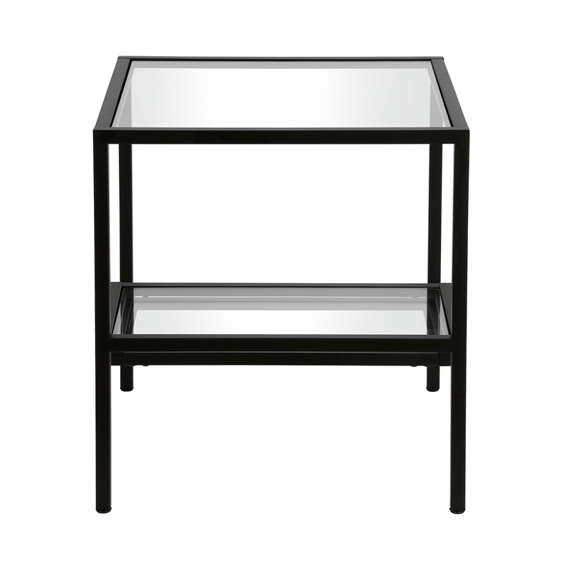 Pemberly Row Two-Tier Modern Metal Side Table with Glass Top in Black