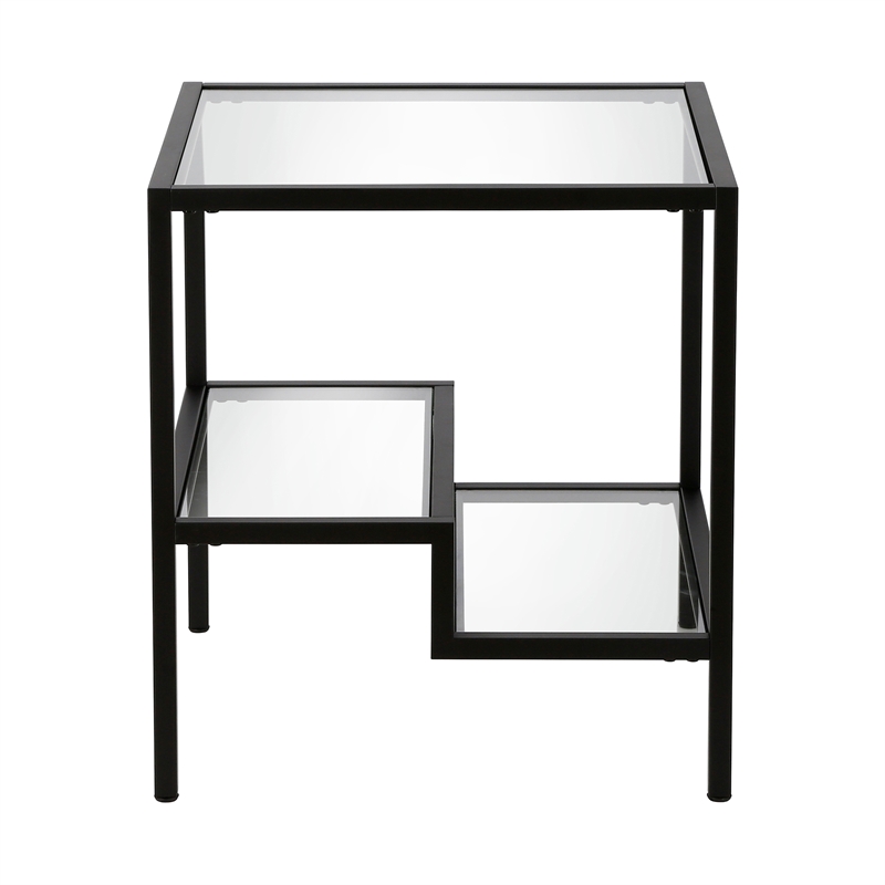 Pemberly Row Two-Tier Modern Metal Side Table with Glass Top in Black
