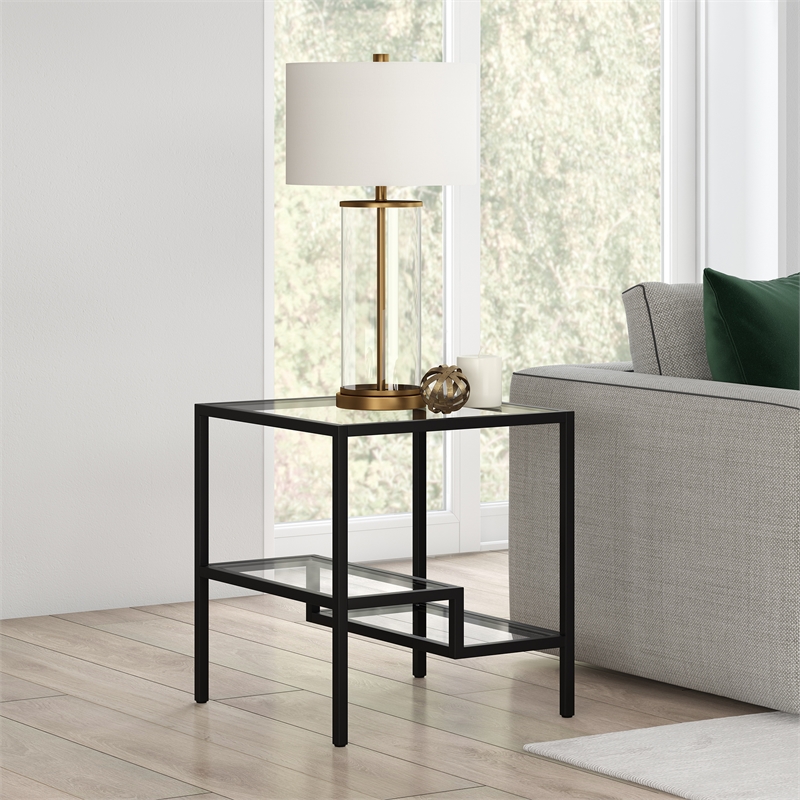 Pemberly Row Two-Tier Modern Metal Side Table with Glass Top in Black