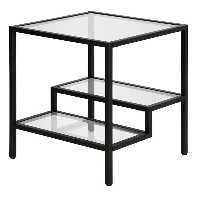 Pemberly Row Two-Tier Modern Metal Side Table with Glass Top in Black