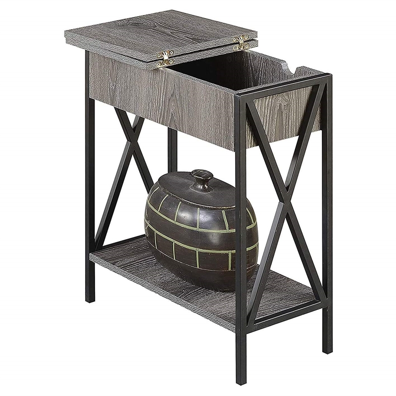 Pemberly Row Farmhouse Wood Electric Flip-Top End Table in Gray
