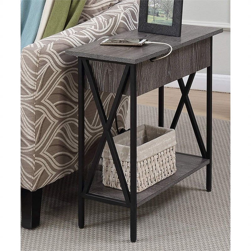Pemberly Row Farmhouse Wood Electric Flip-Top End Table in Gray