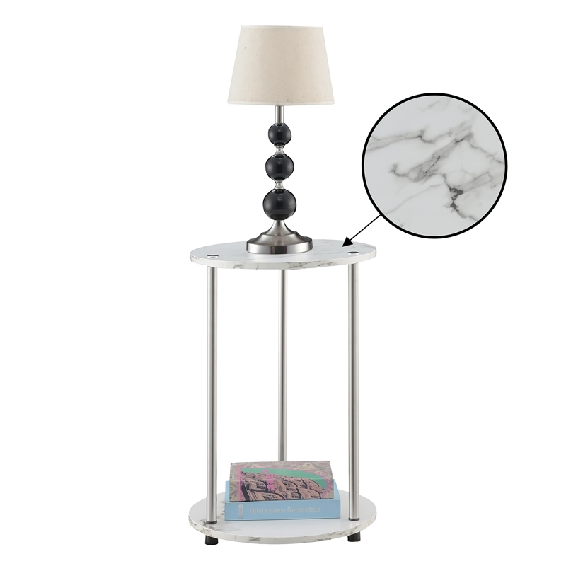 Pemberly Row Two-Tier Round Modern Stainless Steel End Table in White