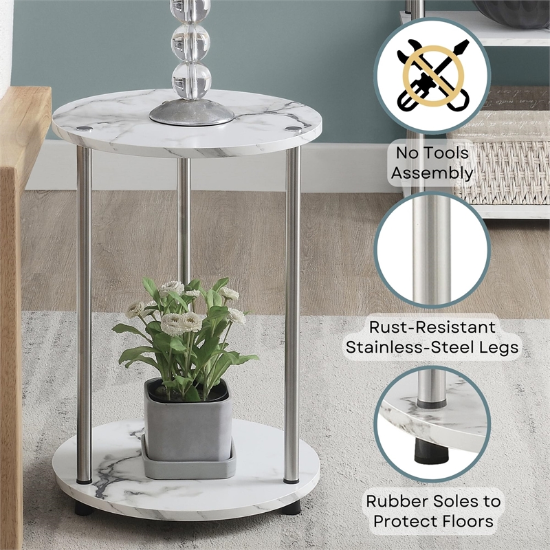 Pemberly Row Two-Tier Round Modern Stainless Steel End Table in White